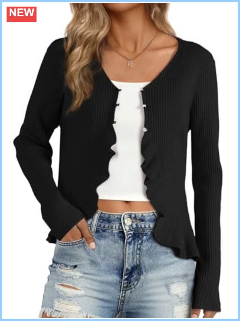 Ruffle Cardigan Long Sleeve Open Front Cropped Bolero Shrug V Neck Button Down
